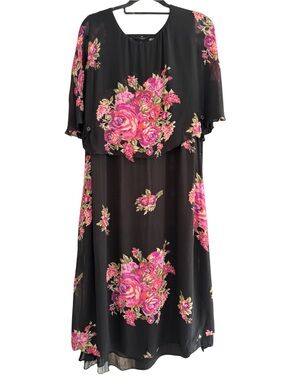 Vtg 90s Lola P. Black Rose Floral Chiffon Overlay Whimsygoth Maxi Dress Size 1X